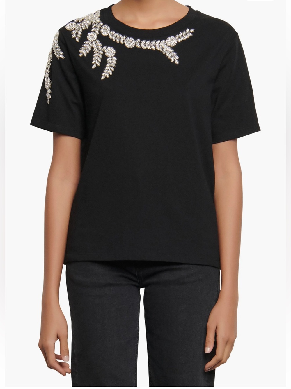 Sandro Black Short-Sleeve Tee with Crystal Embellishment